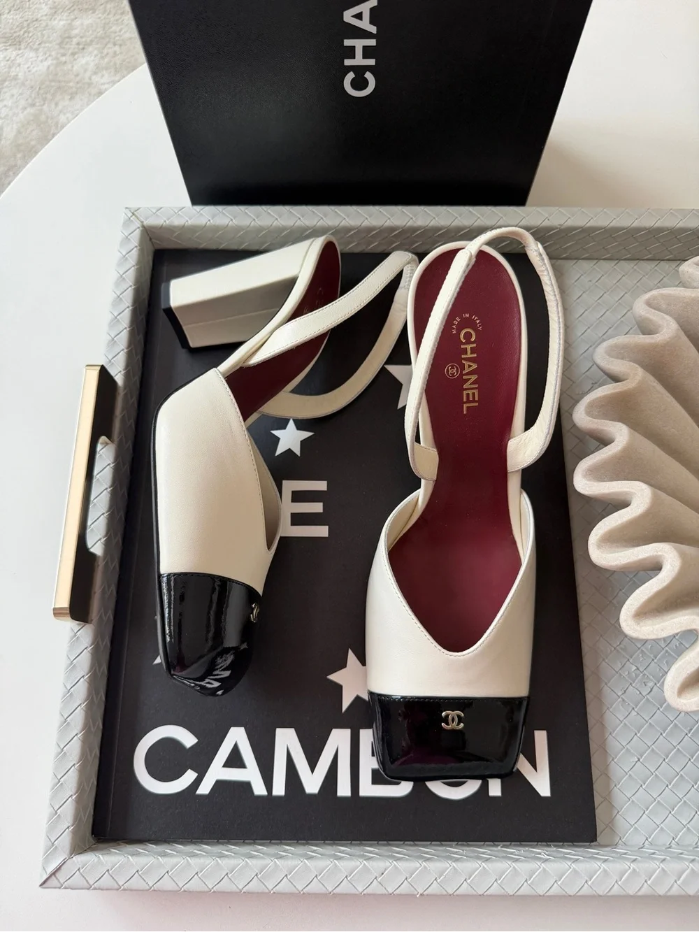 Chanel 26S Blazy Ivory Ecru Black Square Cap Toe Sling CC Slingback Heel Pump 40